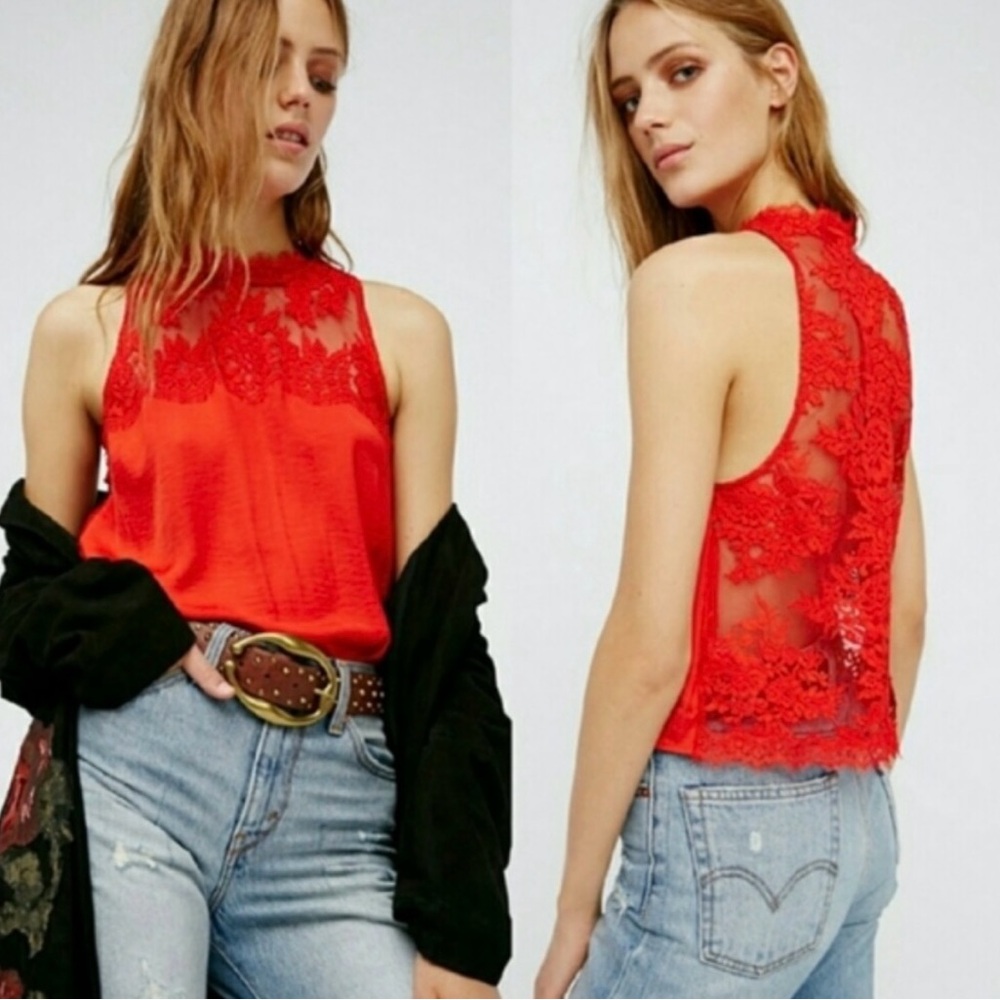 Free People Red Lace Tank Top